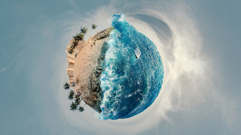 Imagen que representa los efectos del cambio climático en ecosistemas acuáticos, como tormentas y alteraciones del entorno marino, vinculados a la acuicultura.